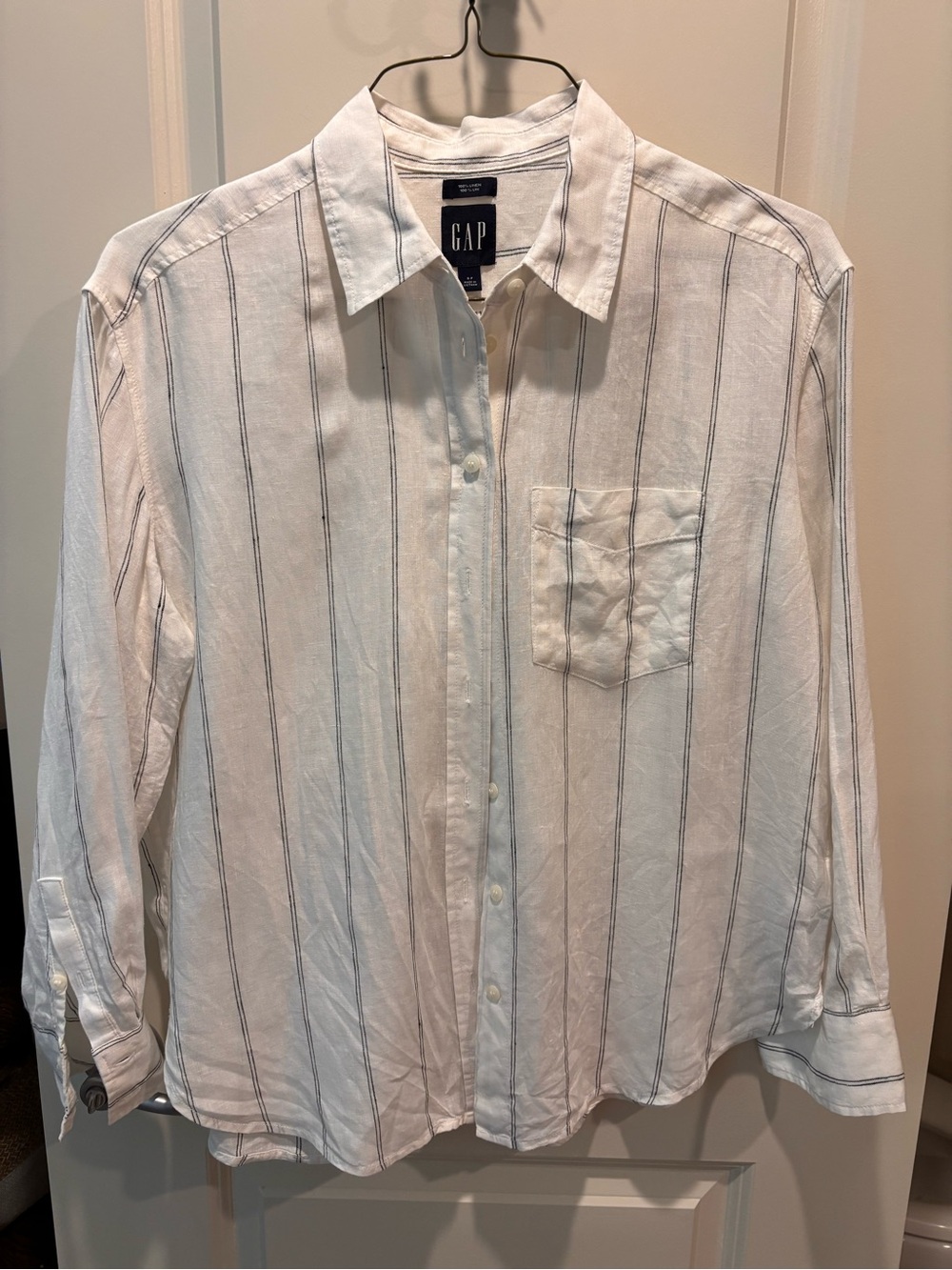 GAP Womens White Button-Down Shirt with Black Pinstripes